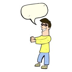 cartoon grinning man wearing glasses with speech bubble N5