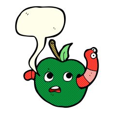 cartoon worm in apple with speech bubble N3