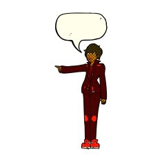 cartoon woman in leather jacket pointing with speech bubble N5