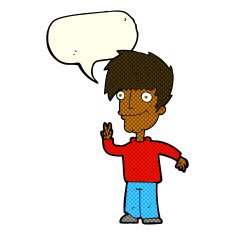 cartoon man giving peace sign with speech bubble N25