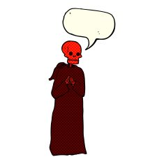 cartoon spooky skeleton in robe with speech bubble N3