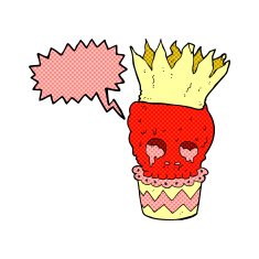 spooky skull cupcake cartoon with speech bubble N5
