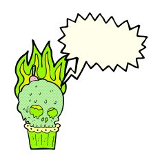 cartoon spooky skull cupcake with speech bubble N5