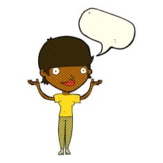 cartoon woman holding arms in air with speech bubble N5