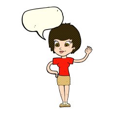 cartoon woman waving with speech bubble N150
