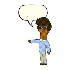 cartoon man in glasses pointing with speech bubble N6