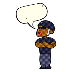 cartoon security guard with speech bubble N4