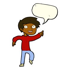 cartoon happy boy pointing with speech bubble N9