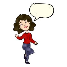 cartoon happy woman dancing with speech bubble N5