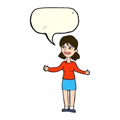 cartoon happy woman shrugging shoulders with speech bubble N9