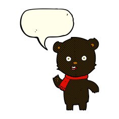 cartoon waving black bear cub with scarf speech bubble N3