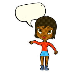 cartoon woman waving hand with speech bubble N5