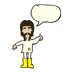 cartoon hippie man giving thumbs up symbol with speech bubble N5