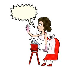 cartoon housewife washing up with speech bubble N5