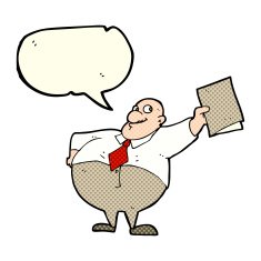 cartoon happy boss with file speech bubble N5