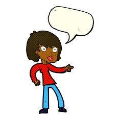 cartoon woman pointing with speech bubble N99