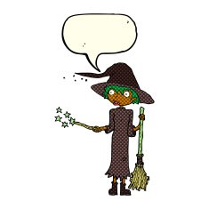 cartoon witch casting spell with speech bubble N12