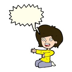 cartoon shocked woman on knees with speech bubble N5