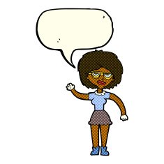 cartoon waving woman wearing spectacles with speech bubble N5