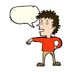 cartoon man making dismissive gesture with speech bubble N10