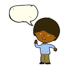 cartoon unhappy boy giving peace sign with speech bubble N6
