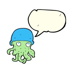 cartoon alien head wearing hat with speech bubble N6