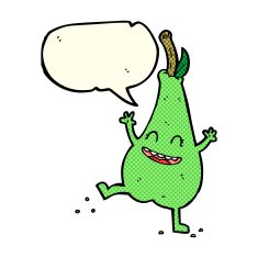 cartoon happy dancing pear with speech bubble N4