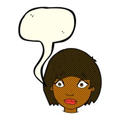 cartoon worried female face with speech bubble N6