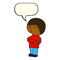 cartoon boy with folded arms speech bubble N9