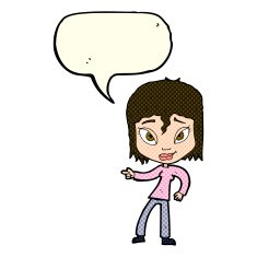 cartoon relaxed woman pointing with speech bubble N5
