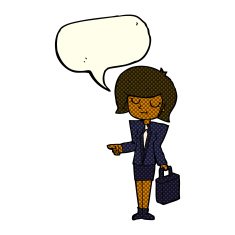 cartoon businesswoman pointing with speech bubble N6