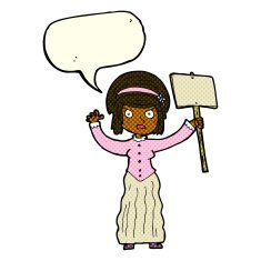 cartoon Victorian woman protesting with speech bubble N3