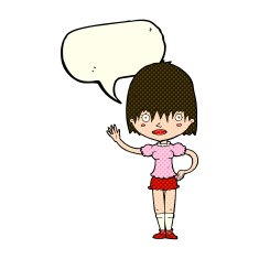 cartoon waving woman with speech bubble N78