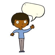 cartoon staring boy with speech bubble N16