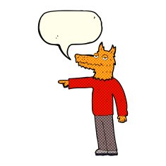 cartoon fox man pointing with speech bubble N5