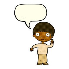 cartoon boy giving peace sign with speech bubble N4
