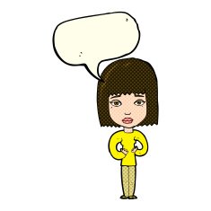 cartoon woman indicating self with speech bubble N5