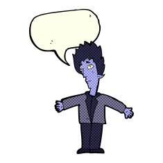 cartoon vampire man with speech bubble N64