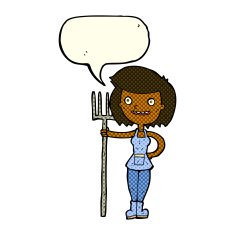 cartoon happy farmer girl with speech bubble N6