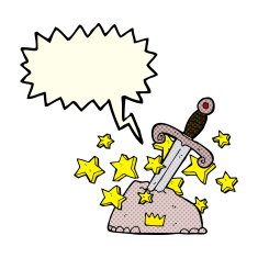 cartoon magical sword in stone with speech bubble N3