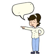 cartoon friendly woman pointing with speech bubble N5