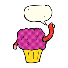 cartoon worm in cupcake with speech bubble N6