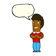 cartoon man with folded arms grinning speech bubble N6