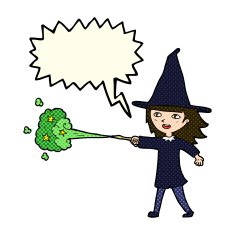 cartoon witch girl casting spell with speech bubble N9