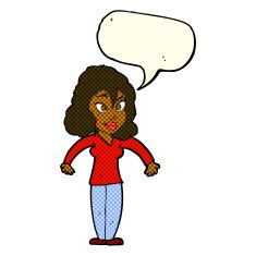 cartoon woman shrugging shoulders with speech bubble N250