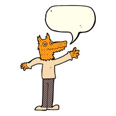 cartoon waving fox with speech bubble N8