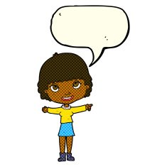 cartoon happy woman pointing with speech bubble N35