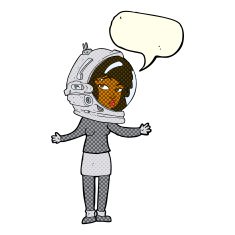 cartoon woman wearing astronaut helmet with speech bubble N6