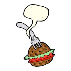 cartoon fork and burger with speech bubble N3