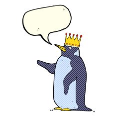 cartoon penguin wearing crown with speech bubble N3